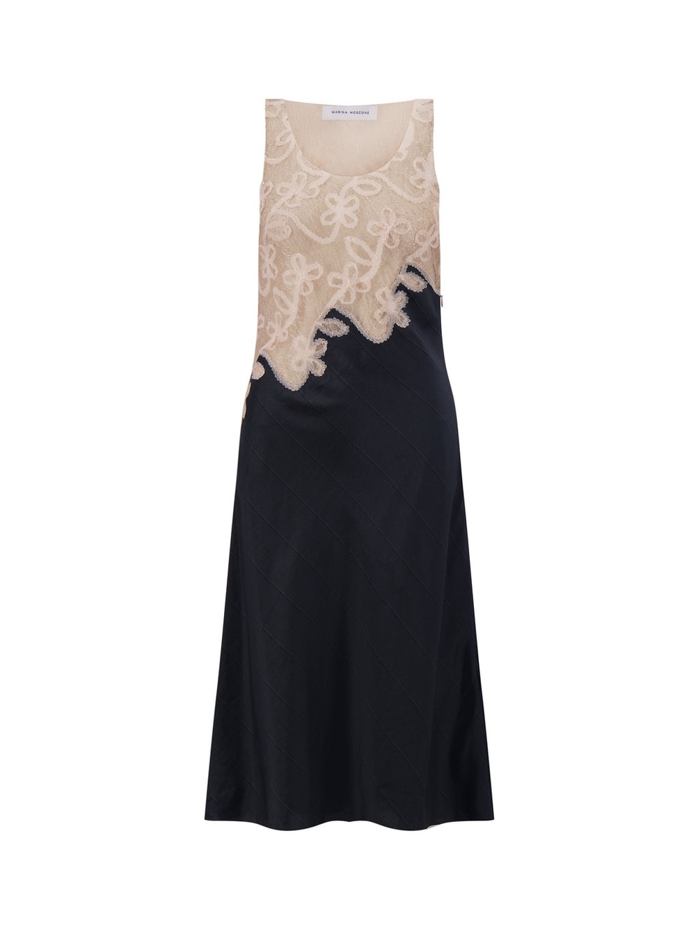 Marina Moscone Pin Stripe Two-Tone Lace Inlay Midi Dress